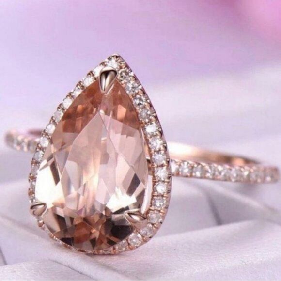 Stunning 6 CT Rose Gold Tear drop morganite ring - Picture 1 of 15